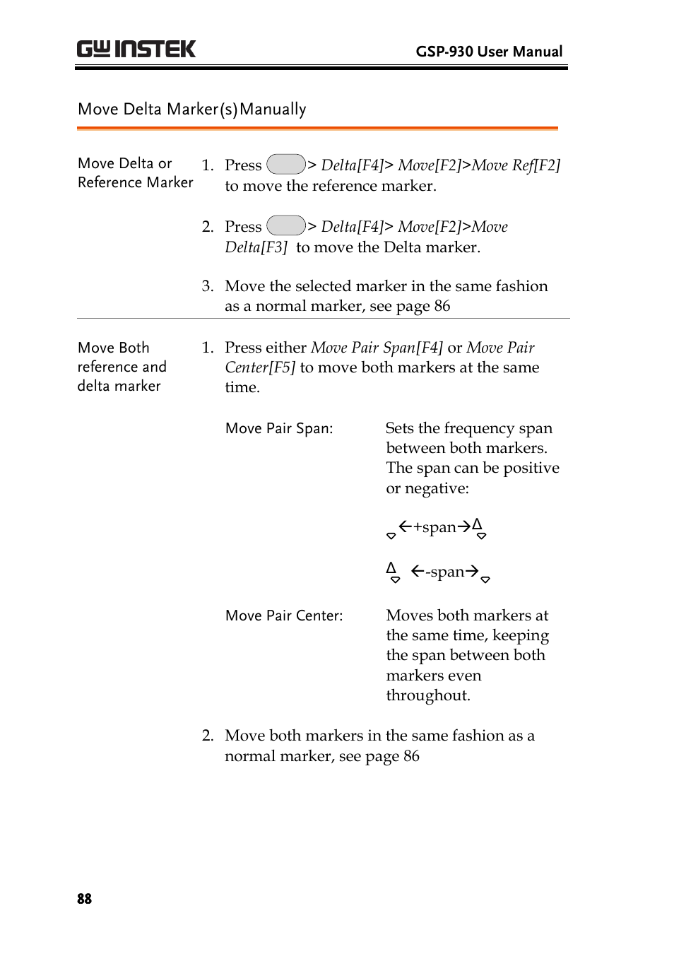 Move delta marker(s)manually, Ge 88 | GW Instek GSP-930 User Manual User Manual | Page 90 / 255