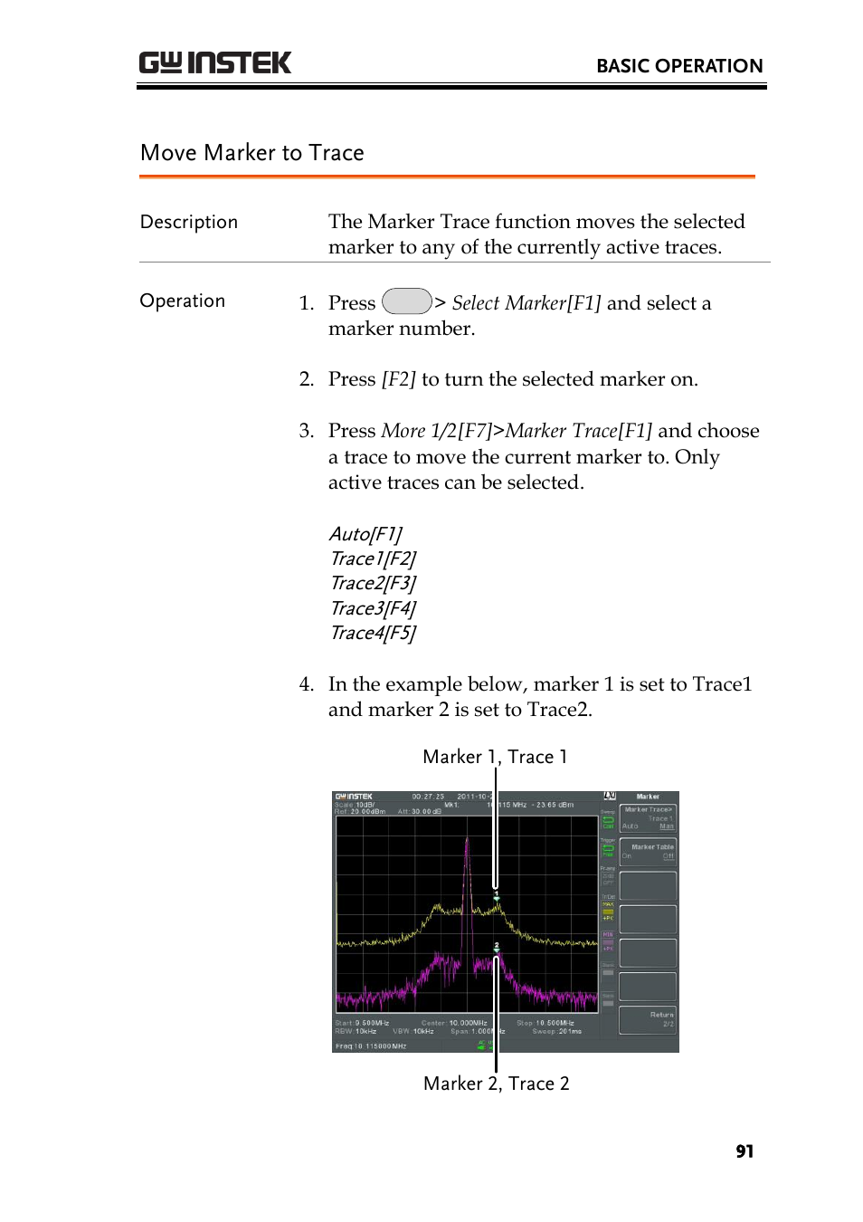 Move marker to trace, Ge 91 | GW Instek GSP-930 User Manual User Manual | Page 93 / 255