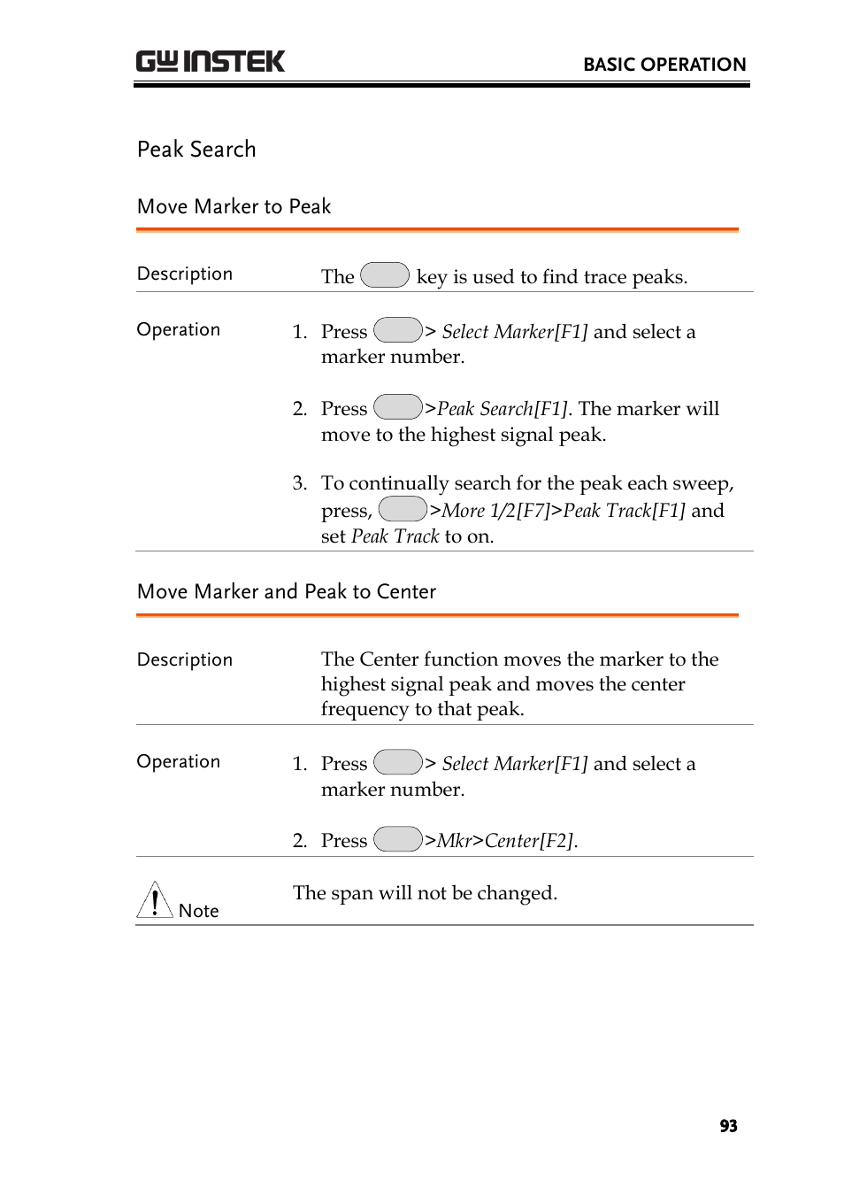 Peak search, Move marker to peak, Move marker and peak to center | Ge 93 | GW Instek GSP-930 User Manual User Manual | Page 95 / 255