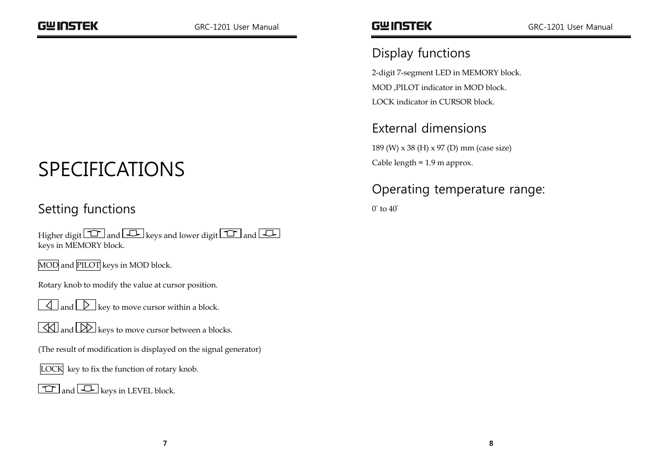 Specifications, Setting functions, Display functions | External dimensions, Operating temperature range | GW Instek GRC-1201 (GSG-120/122 Remote Controller) User Manual | Page 4 / 7