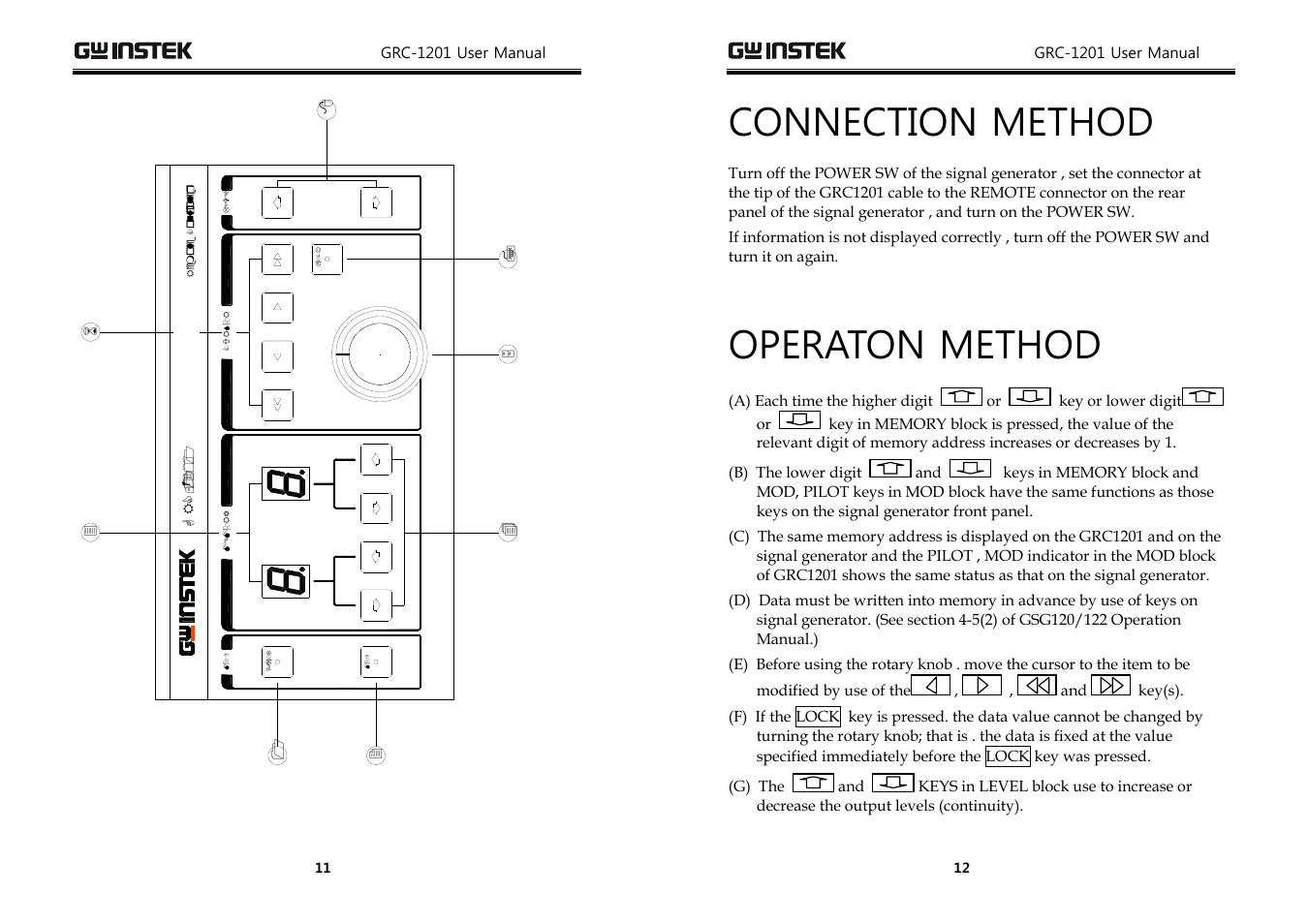 Connection method, Operaton method | GW Instek GRC-1201 (GSG-120/122 Remote Controller) User Manual | Page 6 / 7