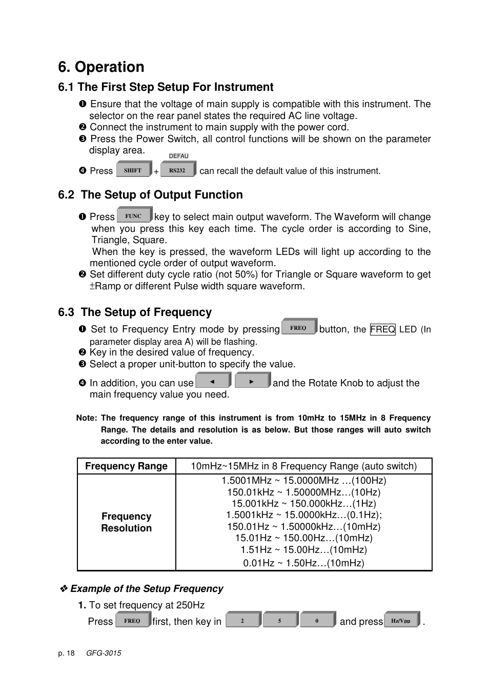Operation, 1 the first step setup for instrument, 2 the setup of output function | 3 the setup of frequency | GW Instek GFG-3015 User Manual | Page 22 / 55