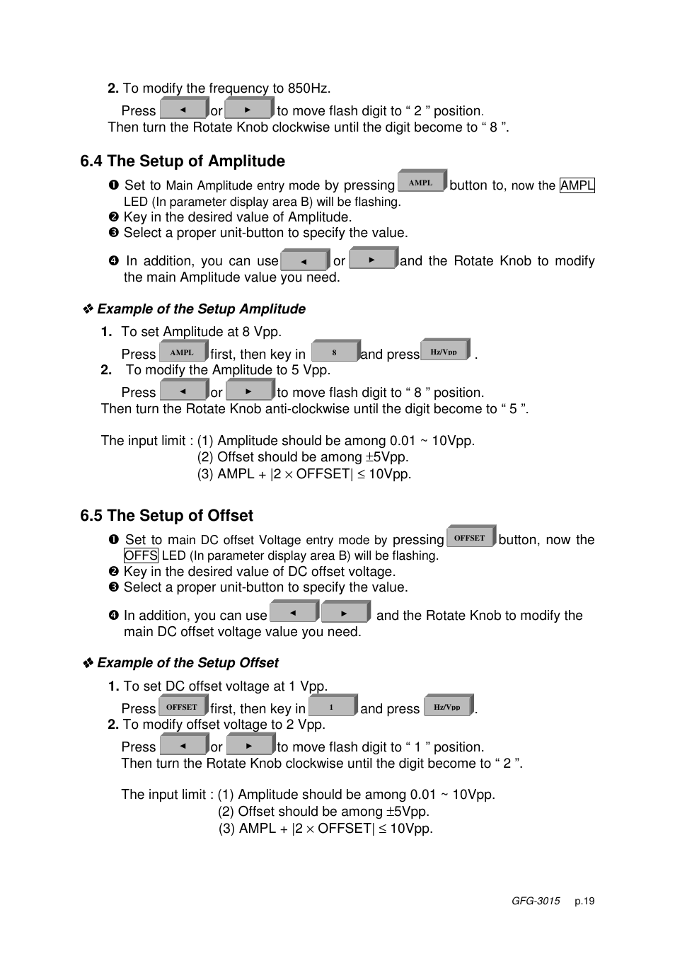 4 the setup of amplitude, 5 the setup of offset | GW Instek GFG-3015 User Manual | Page 23 / 55