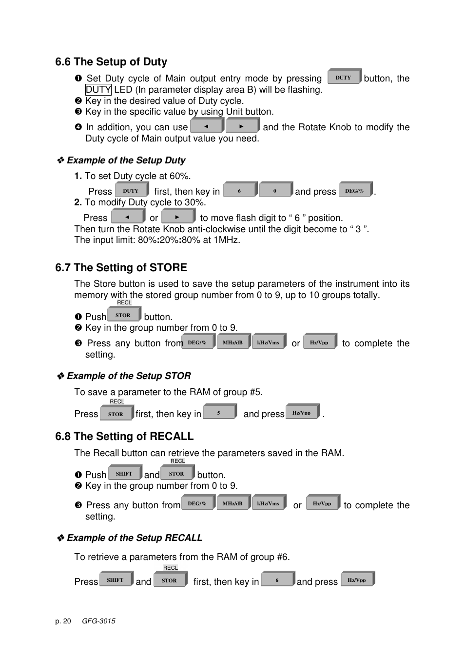 6 the setup of duty, 7 the setting of store, 8 the setting of recall | GW Instek GFG-3015 User Manual | Page 24 / 55