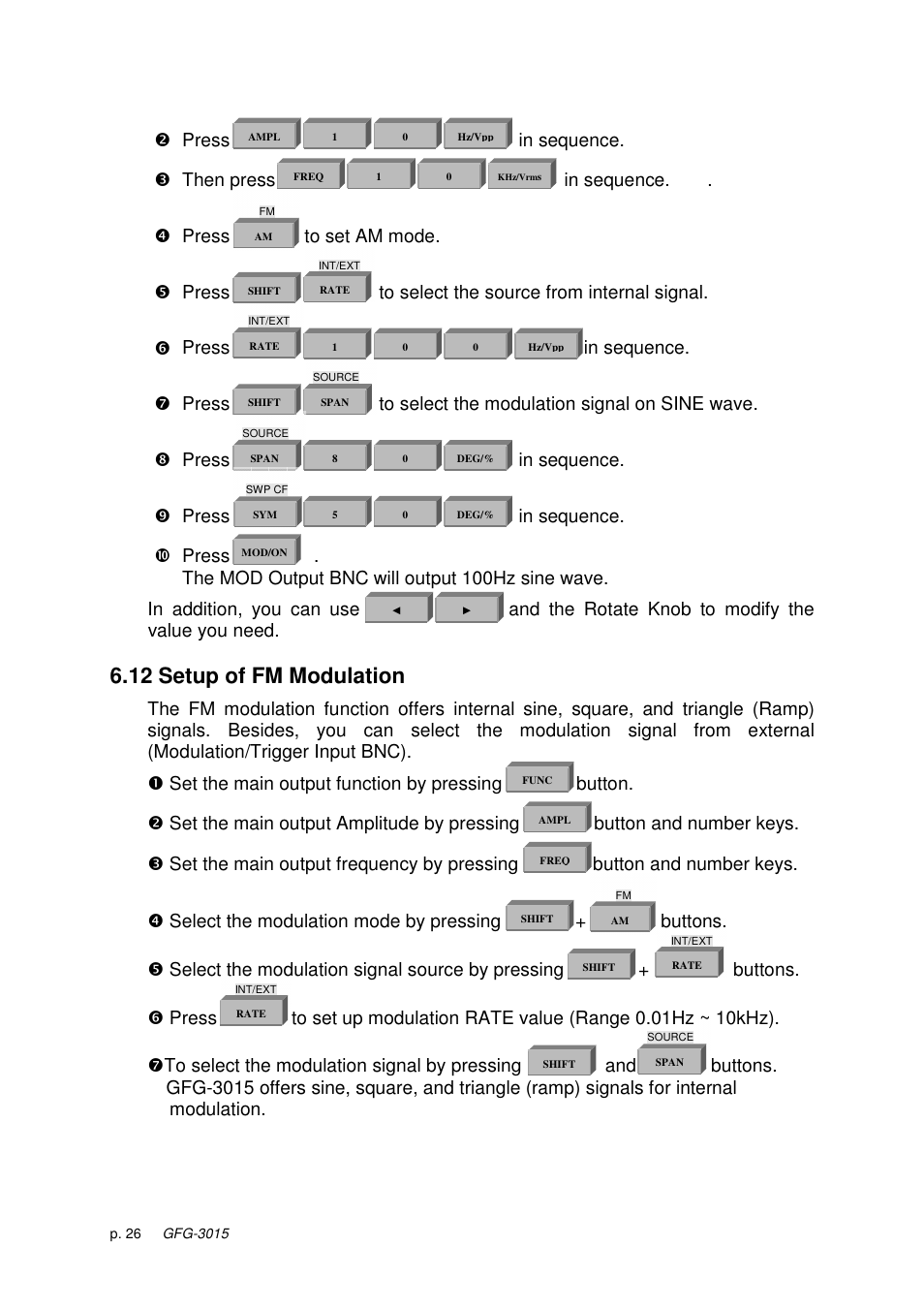 12 setup of fm modulation | GW Instek GFG-3015 User Manual | Page 30 / 55