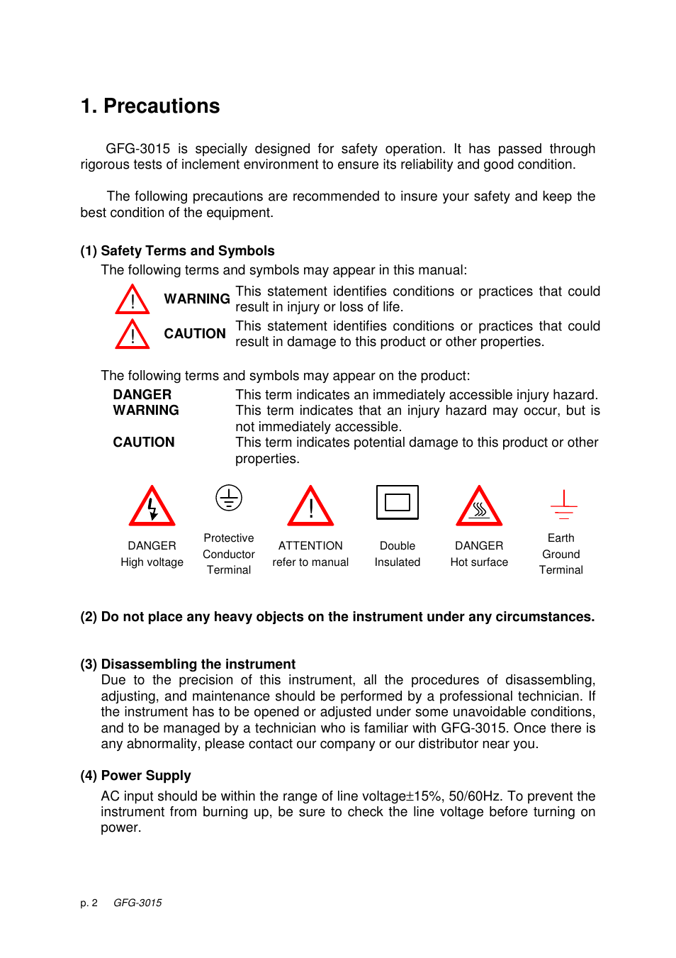 Precautions | GW Instek GFG-3015 User Manual | Page 6 / 55