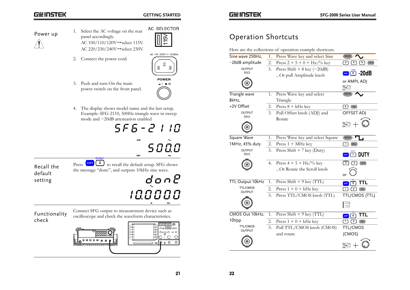 Operation shortcuts | GW Instek SFG-2000 Series User Manual | Page 11 / 29