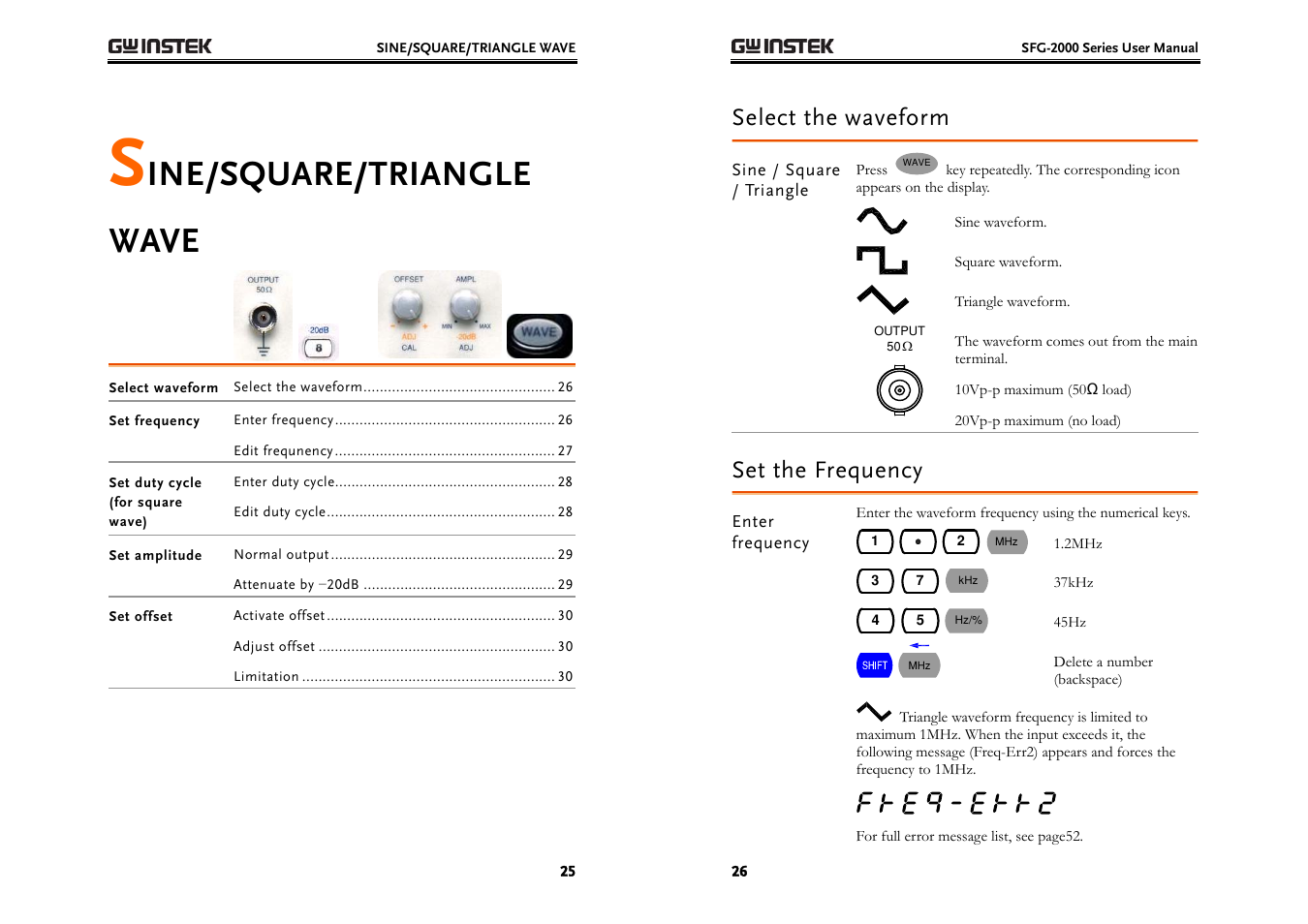 Ine/square/triangle wave, Select the waveform, Set the frequency | GW Instek SFG-2000 Series User Manual | Page 13 / 29