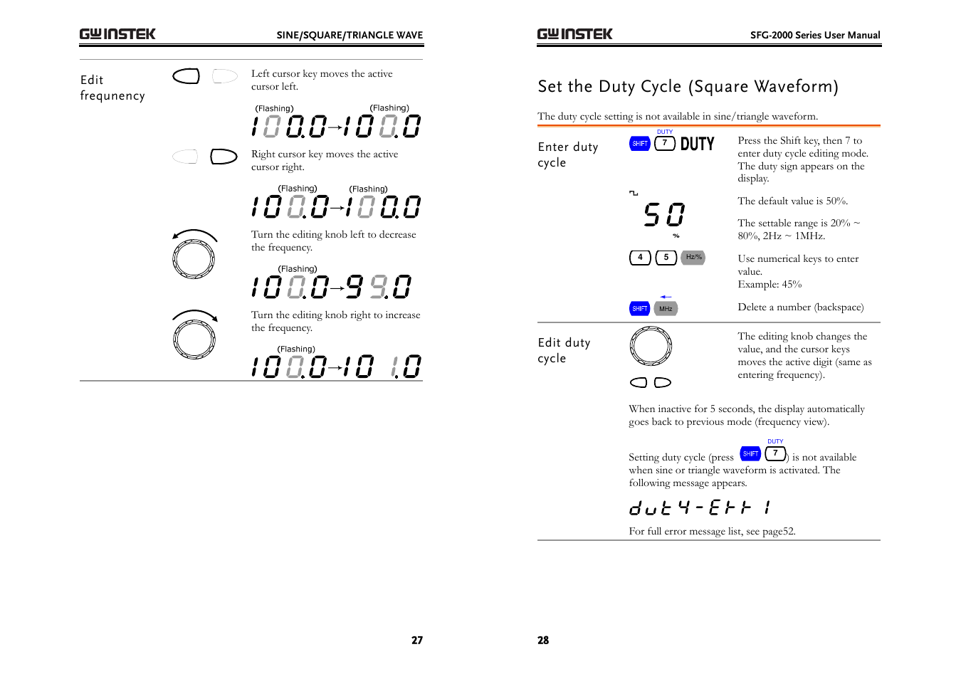 Set the duty cycle (square waveform) | GW Instek SFG-2000 Series User Manual | Page 14 / 29