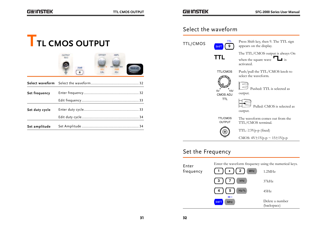 Tl cmos output, Select the waveform, Set the frequency | GW Instek SFG-2000 Series User Manual | Page 16 / 29