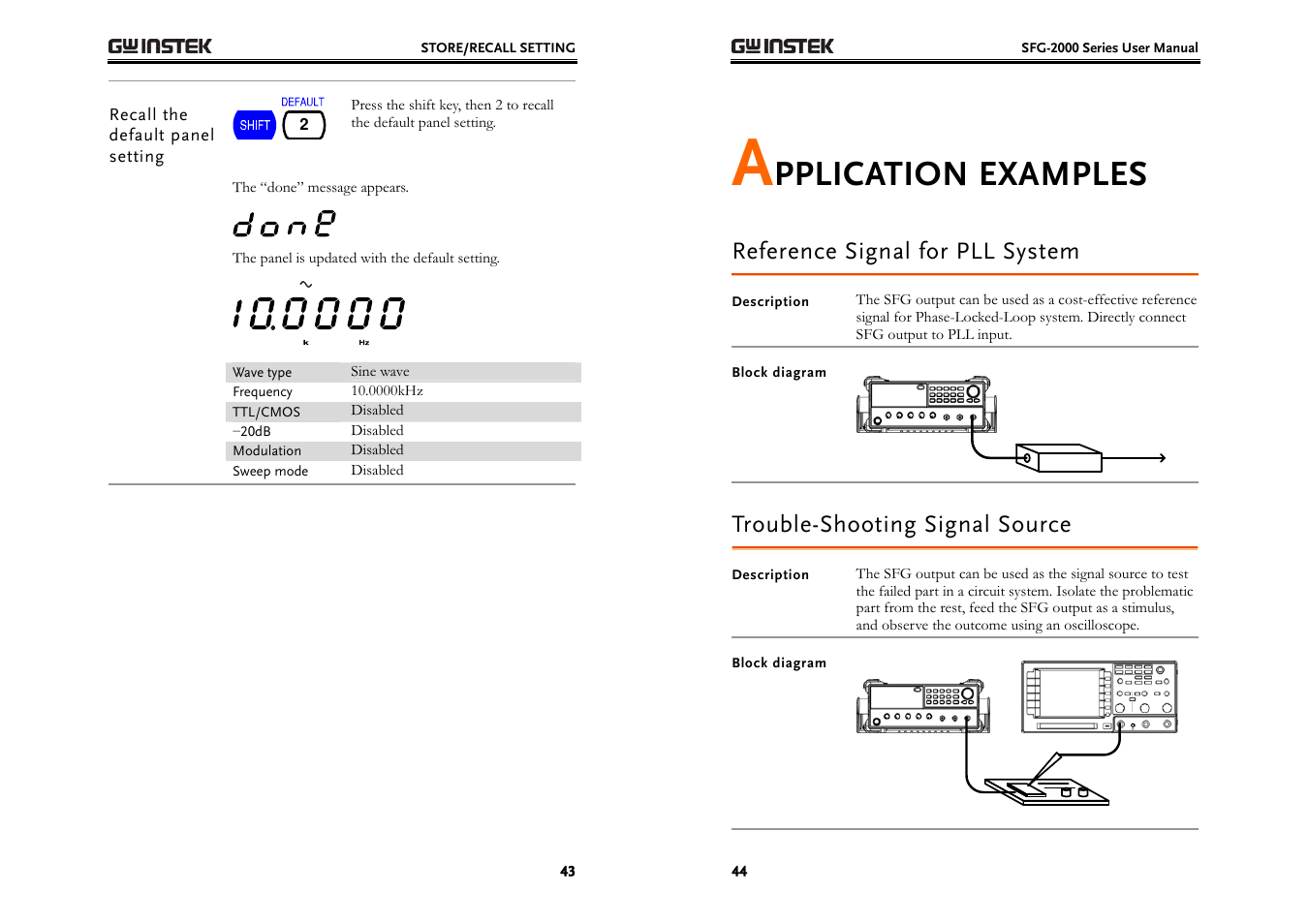 Pplication examples, Reference signal for pll system, Trouble-shooting signal source | GW Instek SFG-2000 Series User Manual | Page 22 / 29