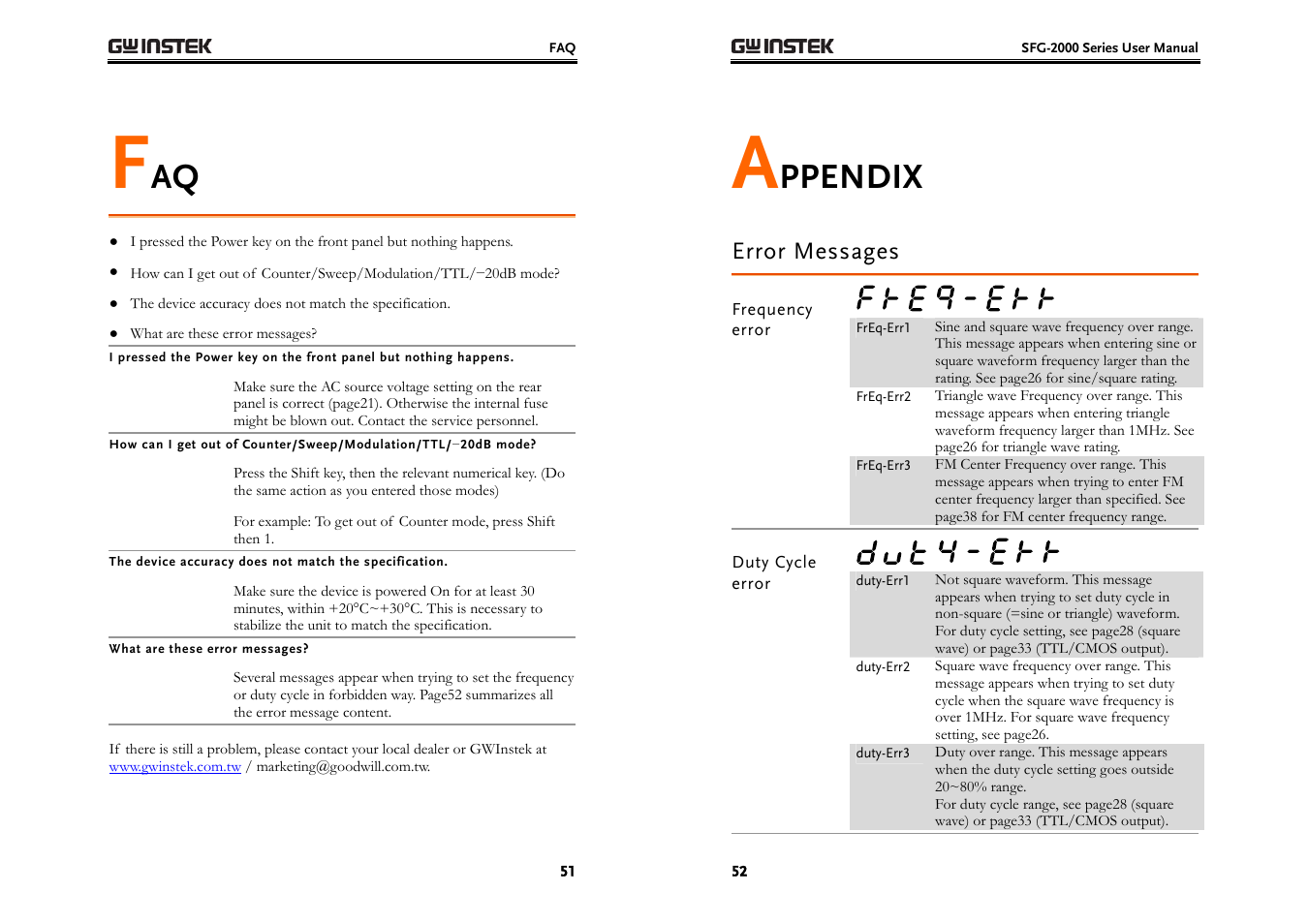 Ppendix, Error messages | GW Instek SFG-2000 Series User Manual | Page 26 / 29