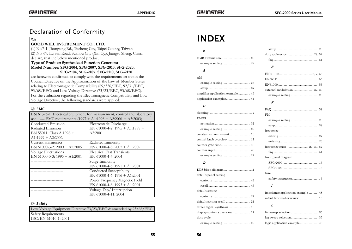 Index, Declaration of conformity | GW Instek SFG-2000 Series User Manual | Page 28 / 29