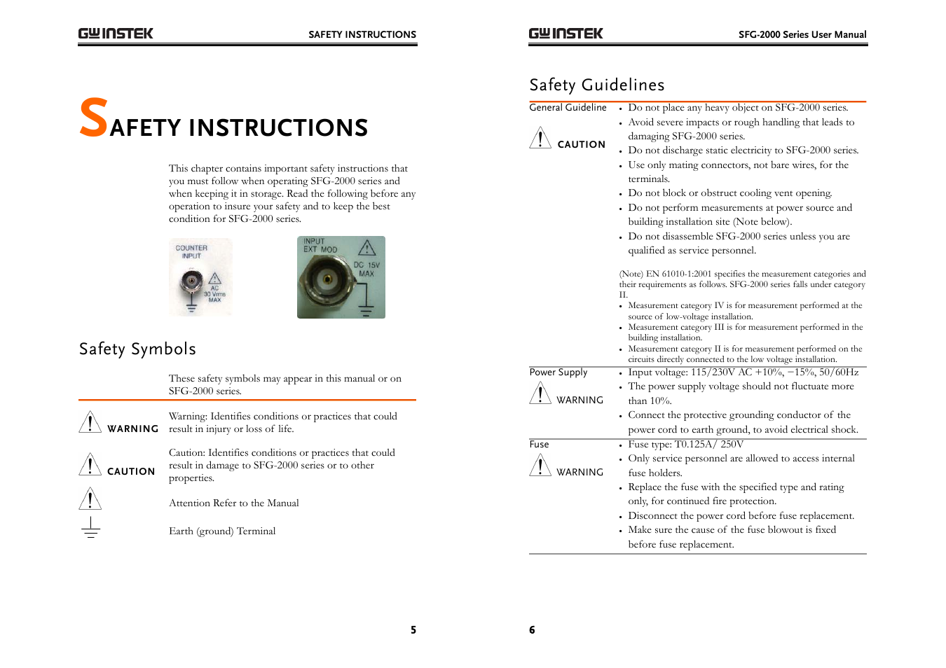 Afety instructions, Safety symbols, Safety guidelines | GW Instek SFG-2000 Series User Manual | Page 3 / 29