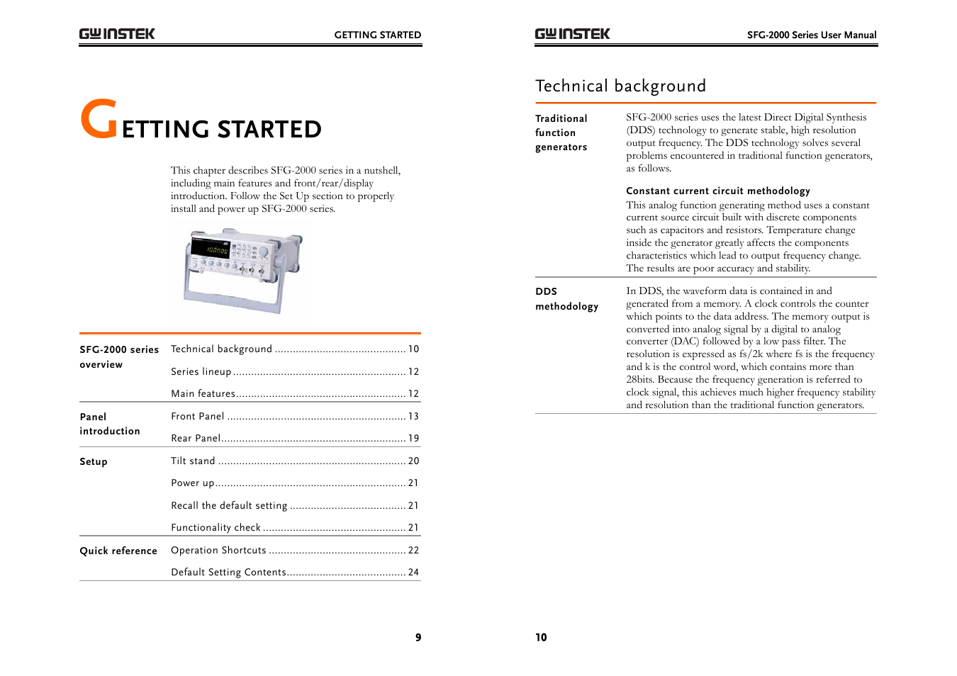 Etting started, Technical background | GW Instek SFG-2000 Series User Manual | Page 5 / 29