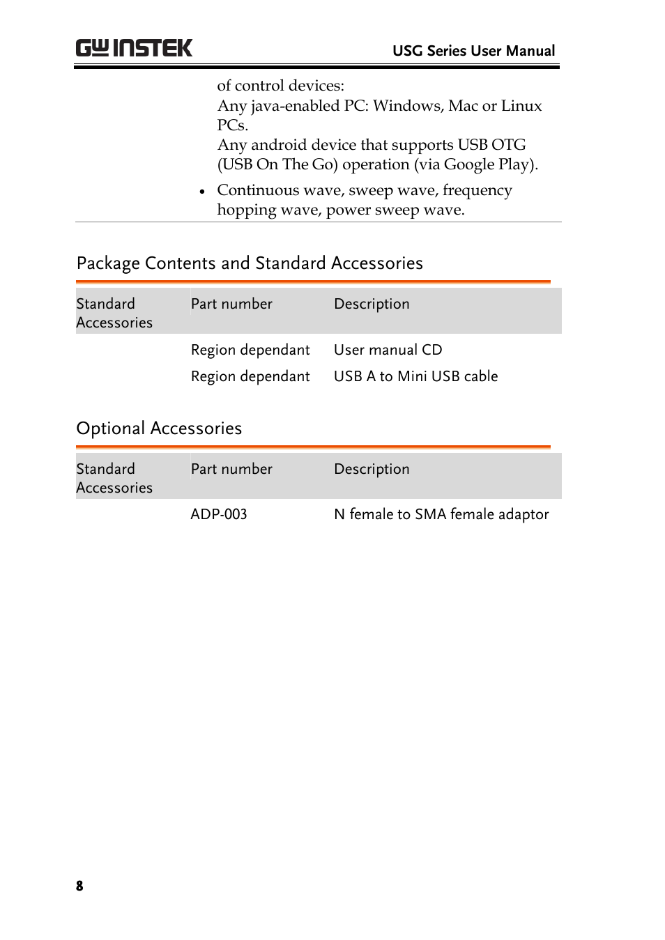 Package contents and standard accessories, Optional accessories | GW Instek USG-Series User Manual User Manual | Page 10 / 51