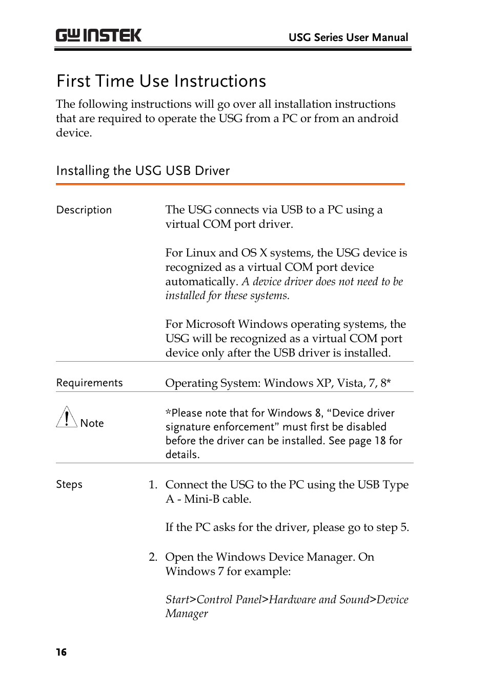 First time use instructions, Installing the usg usb driver | GW Instek USG-Series User Manual User Manual | Page 18 / 51