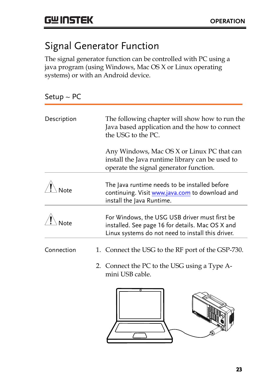 Signal generator function, Setup ~ pc | GW Instek USG-Series User Manual User Manual | Page 25 / 51