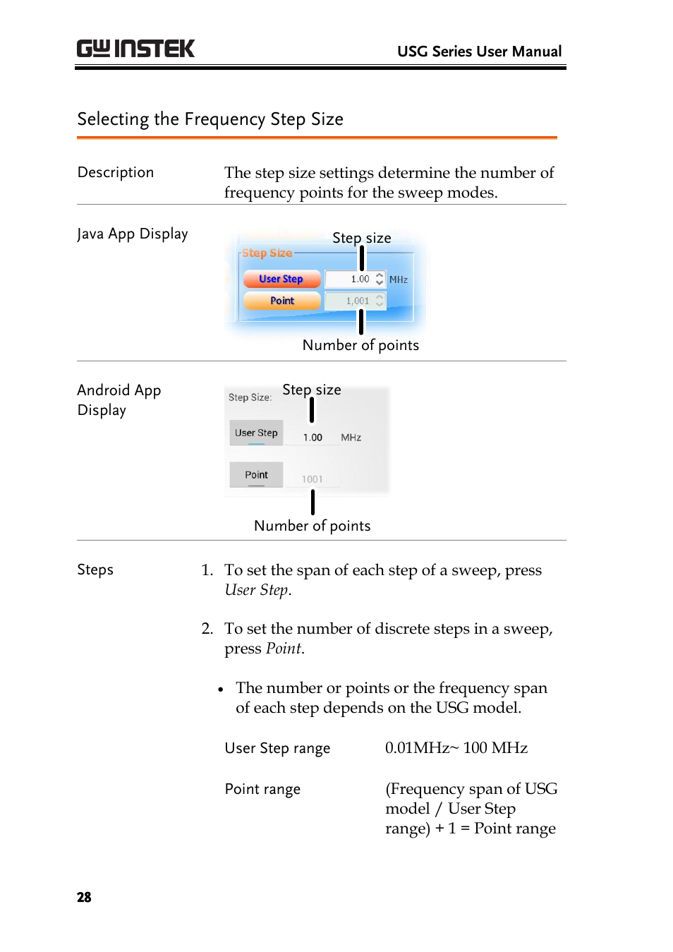 Selecting the frequency step size | GW Instek USG-Series User Manual User Manual | Page 30 / 51