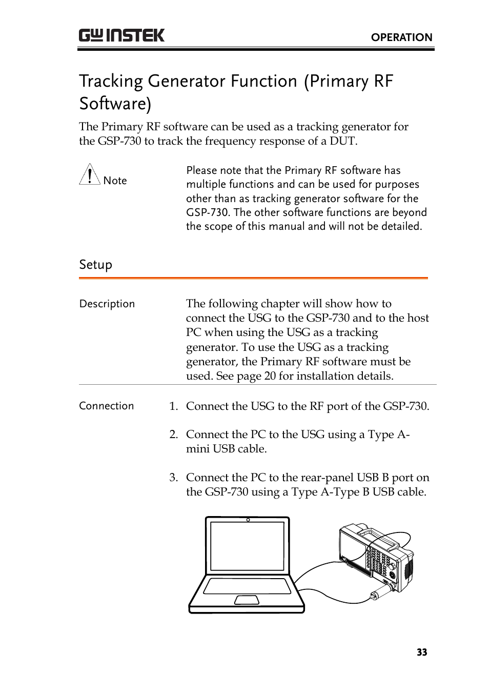 Tracking generator function (primary rf software), Setup | GW Instek USG-Series User Manual User Manual | Page 35 / 51