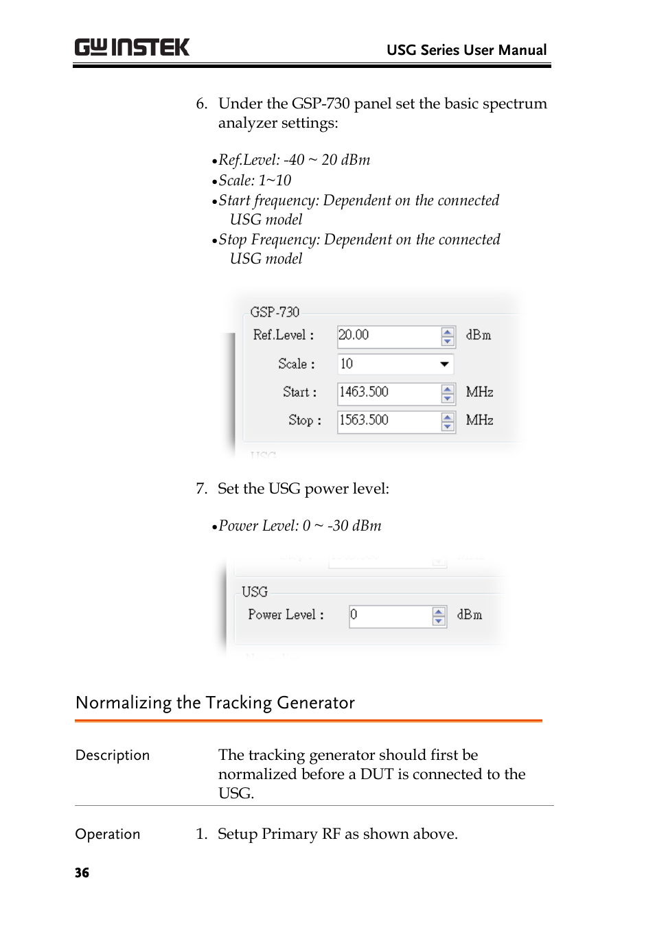 Normalizing the tracking generator | GW Instek USG-Series User Manual User Manual | Page 38 / 51