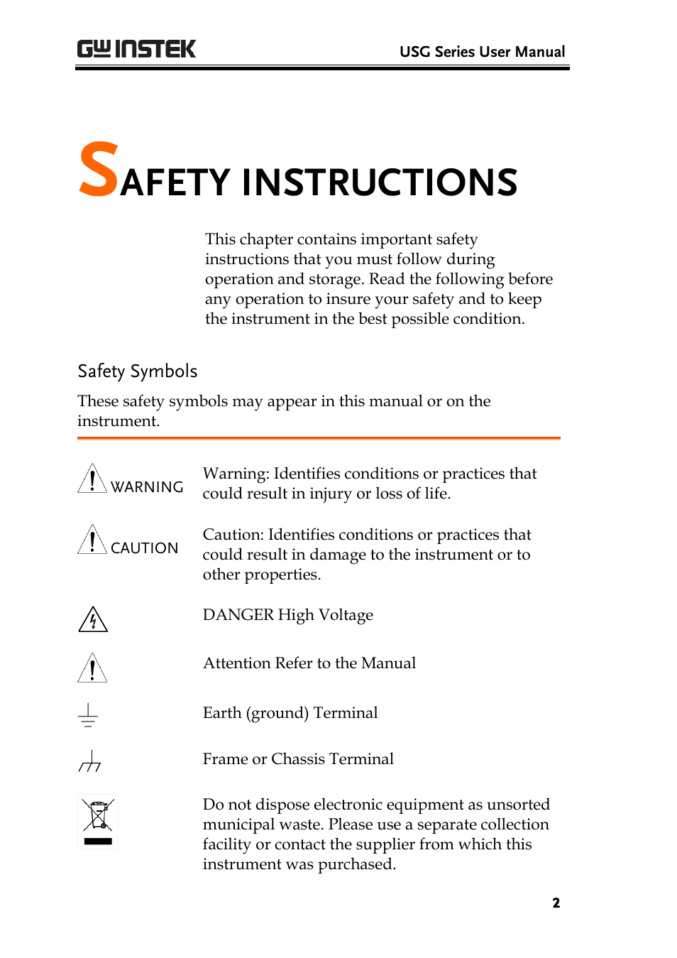 Safety instructions, Safety symbols, Afety instructions | GW Instek USG-Series User Manual User Manual | Page 4 / 51