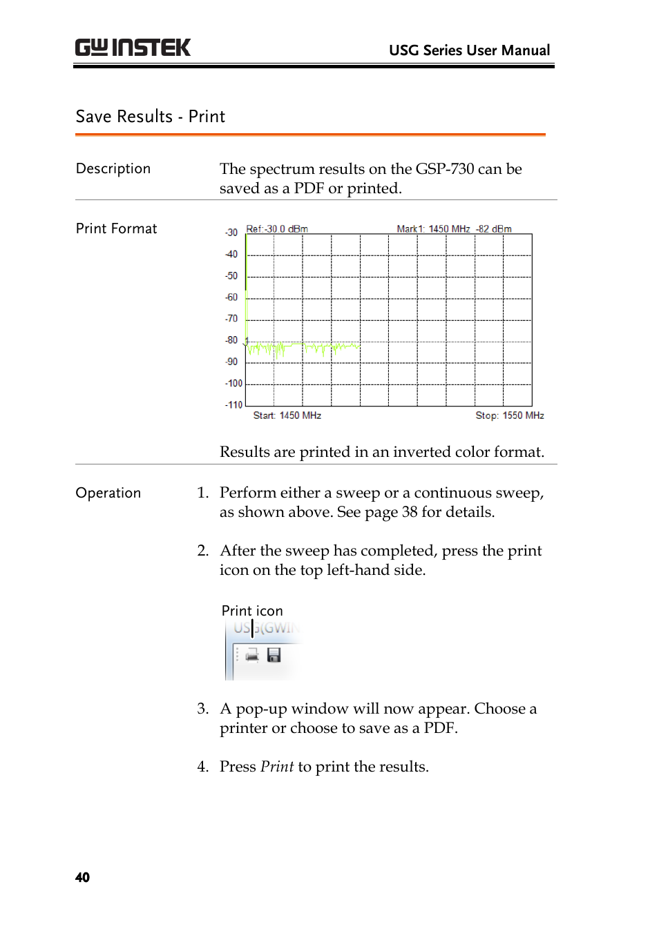 Save results - print | GW Instek USG-Series User Manual User Manual | Page 42 / 51