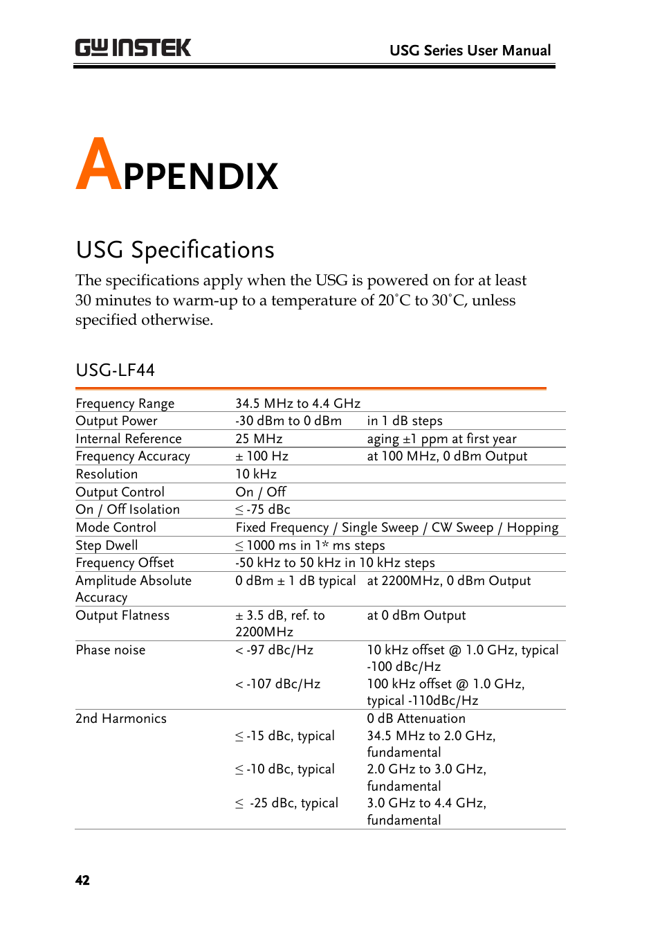 Appendix, Usg specifications, Usg-lf44 | Ppendix | GW Instek USG-Series User Manual User Manual | Page 44 / 51