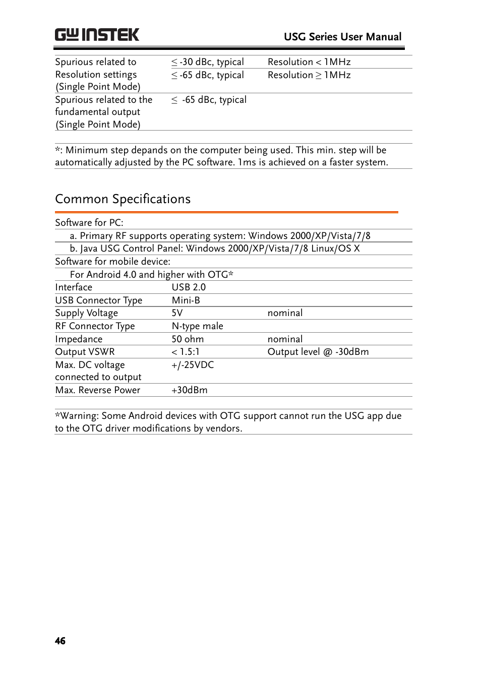 Common specifications | GW Instek USG-Series User Manual User Manual | Page 48 / 51