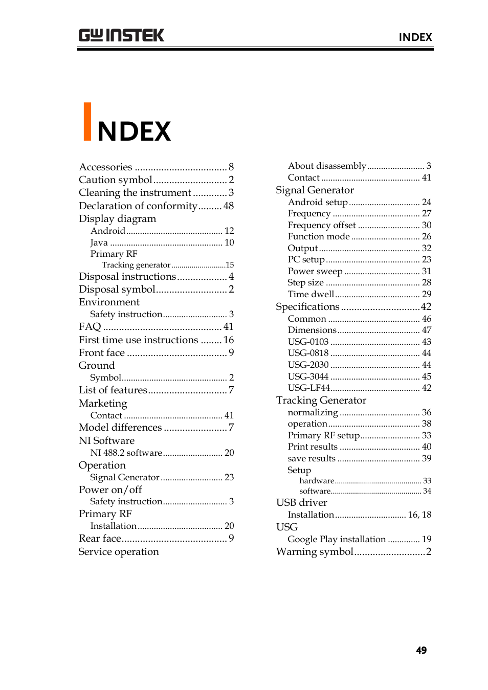 Index, Ndex | GW Instek USG-Series User Manual User Manual | Page 51 / 51