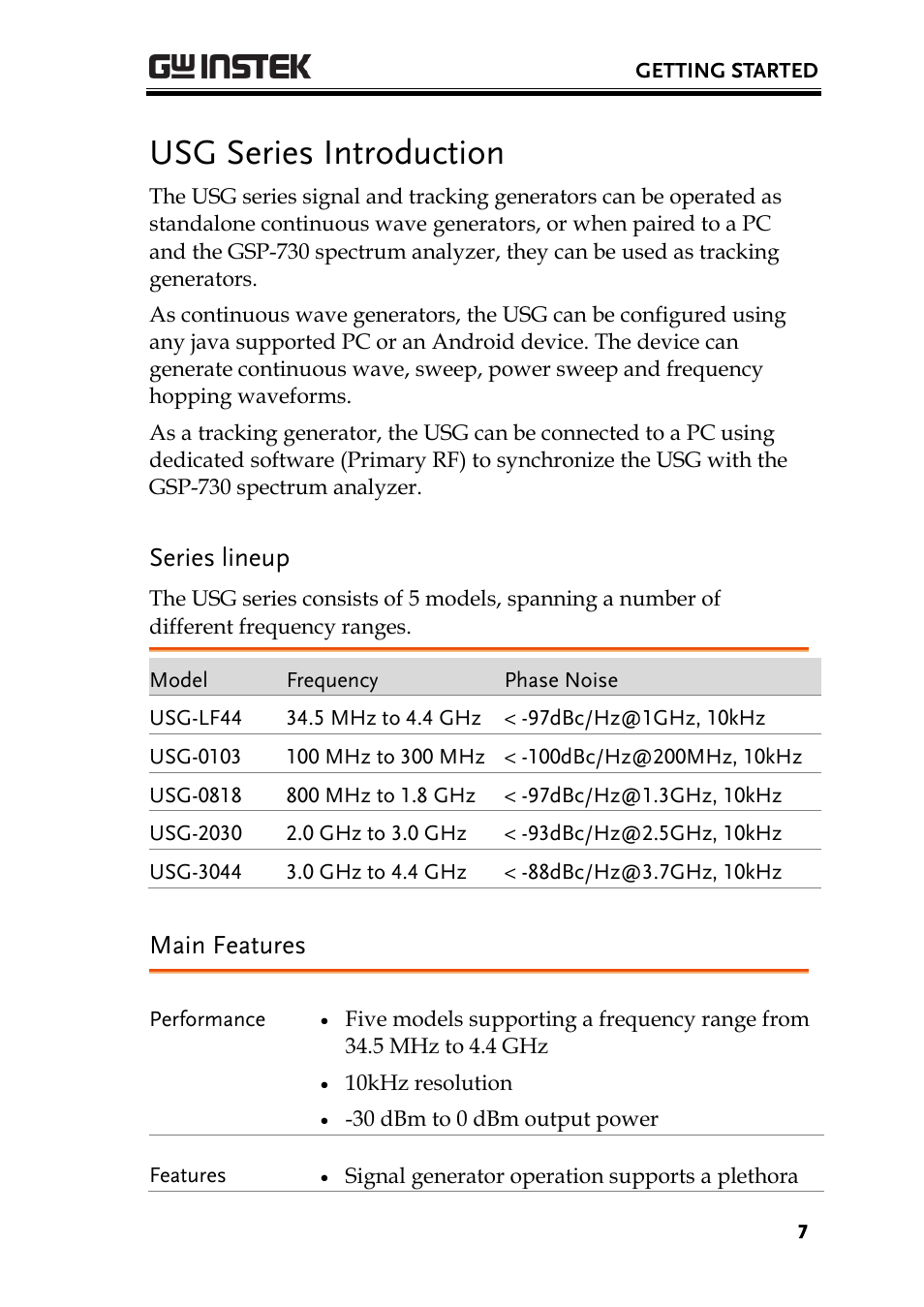 Usg series introduction, Series lineup, Main features | GW Instek USG-Series User Manual User Manual | Page 9 / 51