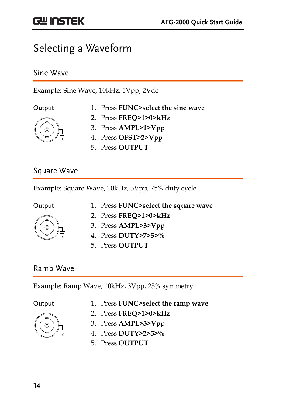 Selecting a waveform, Sine wave, Square wave | Ramp wave | GW Instek AFG-2000 Quick Start Guide User Manual | Page 16 / 25