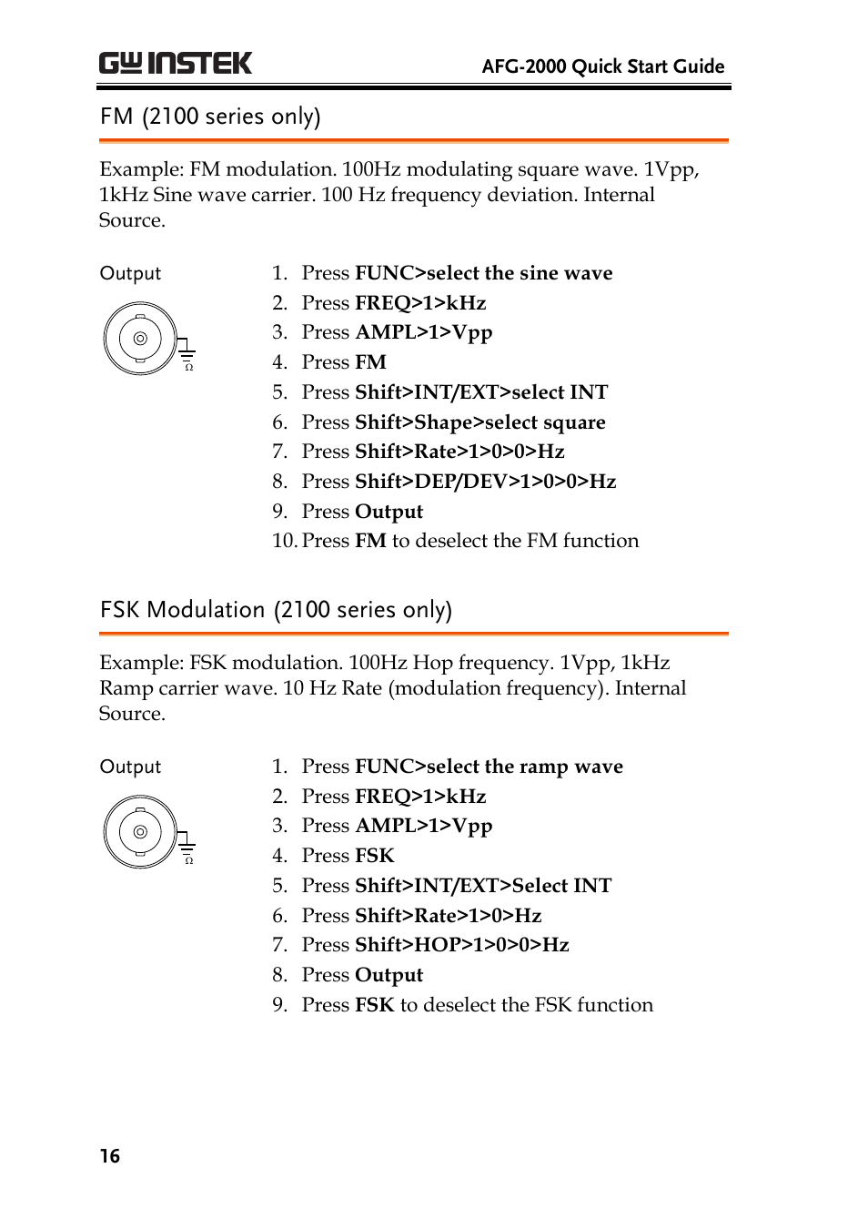 Fm (2100 series only), Fsk modulation (2100 series only) | GW Instek AFG-2000 Quick Start Guide User Manual | Page 18 / 25