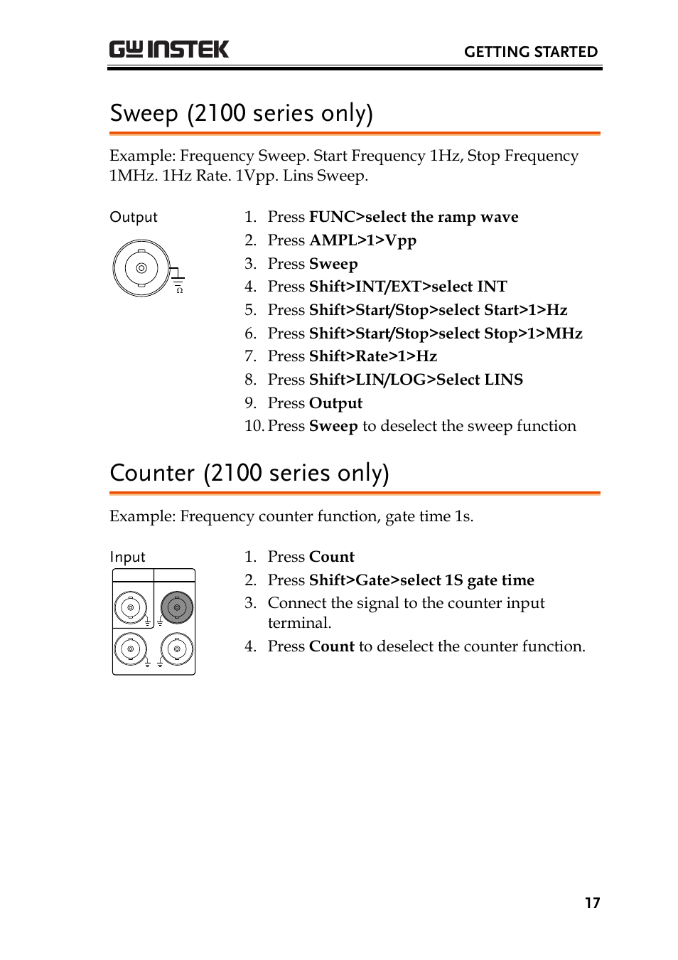 Sweep (2100 series only), Counter (2100 series only), Getting started 17 | GW Instek AFG-2000 Quick Start Guide User Manual | Page 19 / 25