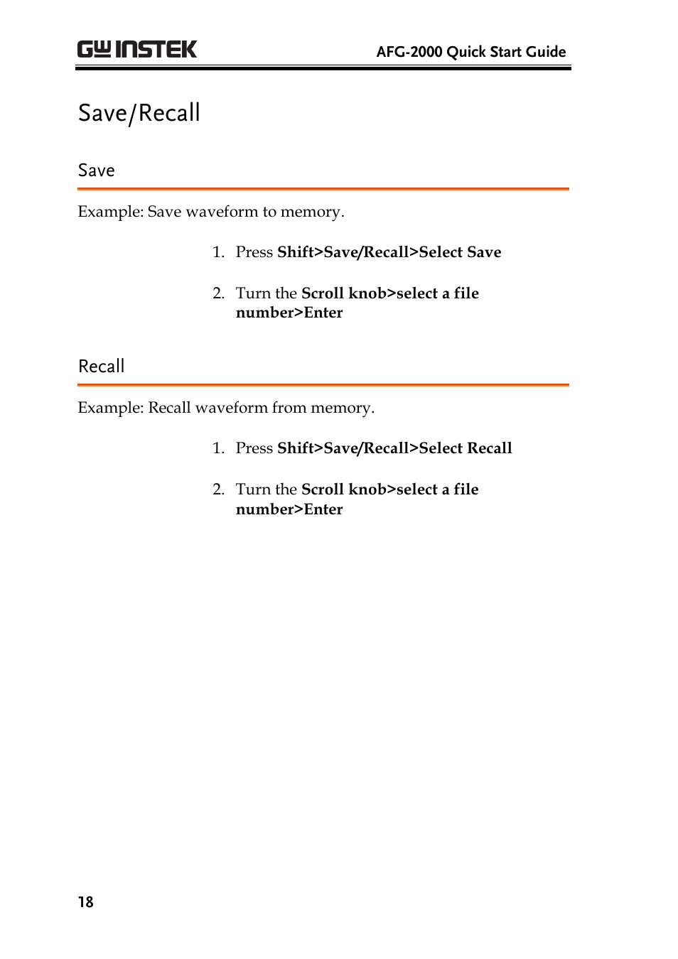 Save/recall, Save, Recall | GW Instek AFG-2000 Quick Start Guide User Manual | Page 20 / 25