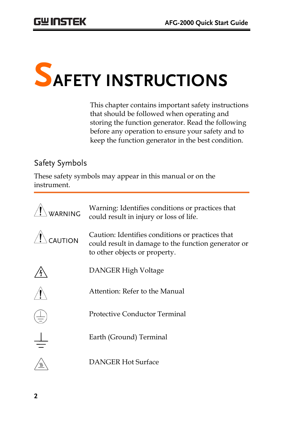 Safety instructions, Safety symbols, Afety instructions | GW Instek AFG-2000 Quick Start Guide User Manual | Page 4 / 25