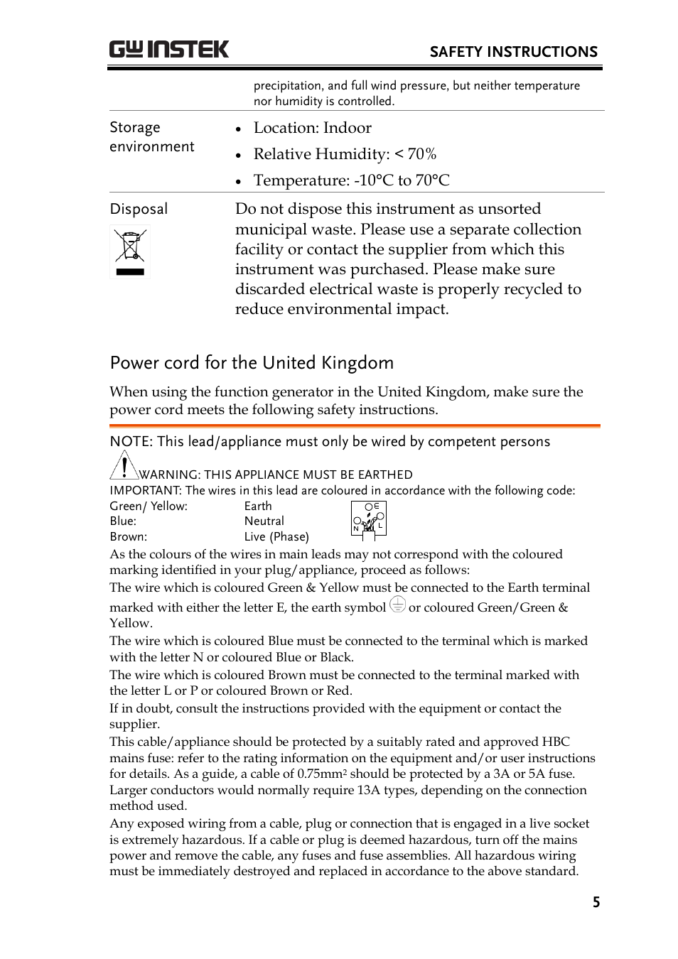 Power cord for the united kingdom | GW Instek AFG-2000 Quick Start Guide User Manual | Page 7 / 25