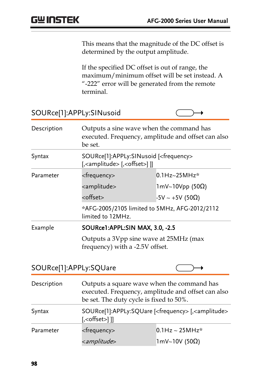 Source[1]:apply:sinusoid, Source[1]:apply:square | GW Instek AFG-2000 User Manual User Manual | Page 100 / 145