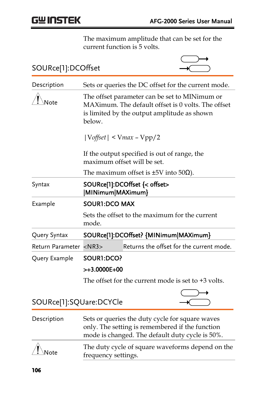 Source[1]:dcoffset, Source[1]:square:dcycle | GW Instek AFG-2000 User Manual User Manual | Page 108 / 145