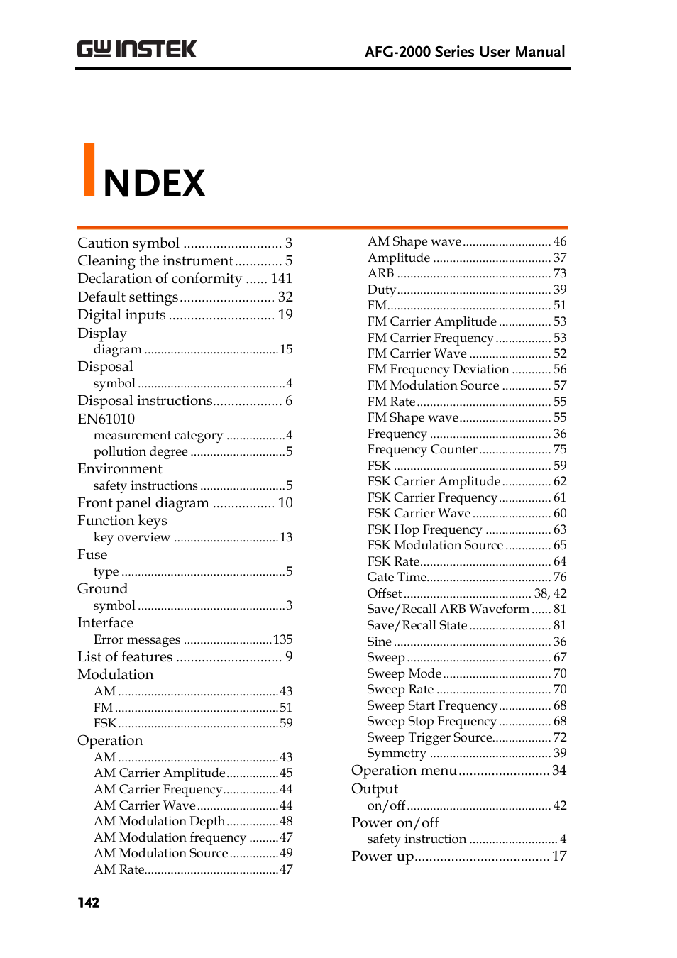 Index, Ndex | GW Instek AFG-2000 User Manual User Manual | Page 144 / 145
