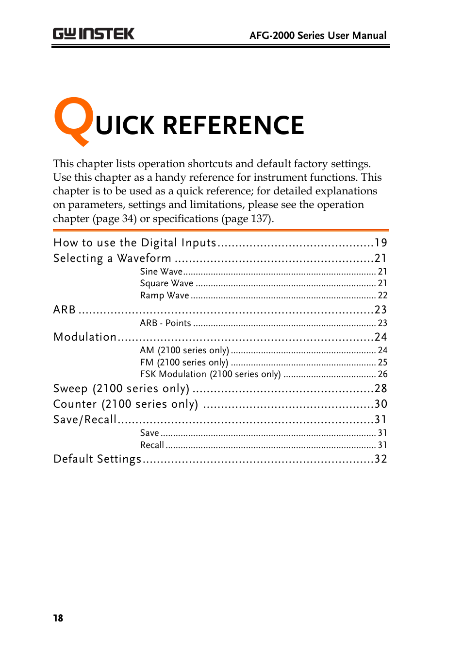 Quick reference, Uick reference | GW Instek AFG-2000 User Manual User Manual | Page 20 / 145