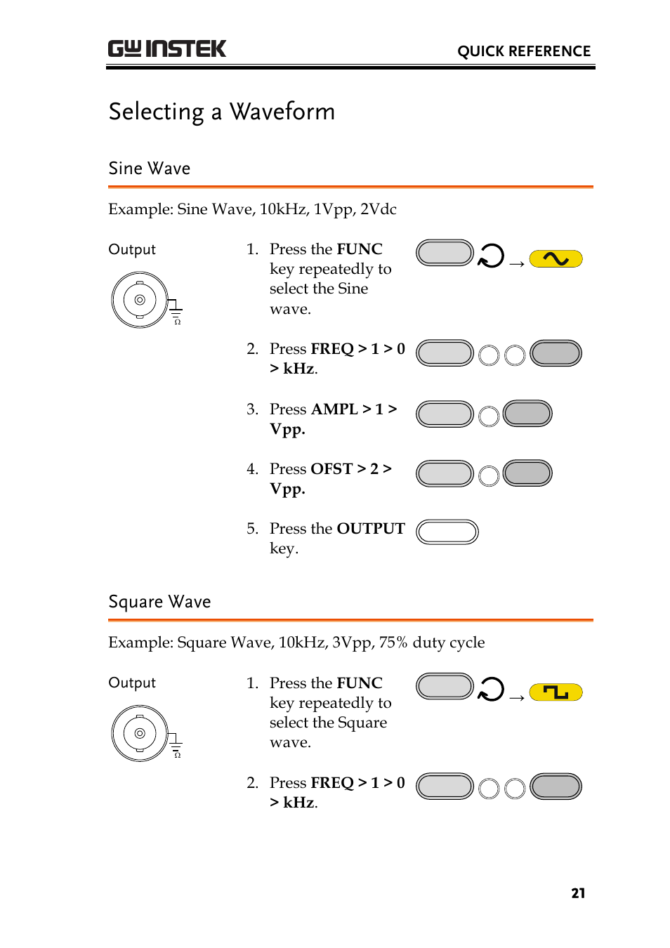 Selecting a waveform, Sine wave, Square wave | GW Instek AFG-2000 User Manual User Manual | Page 23 / 145