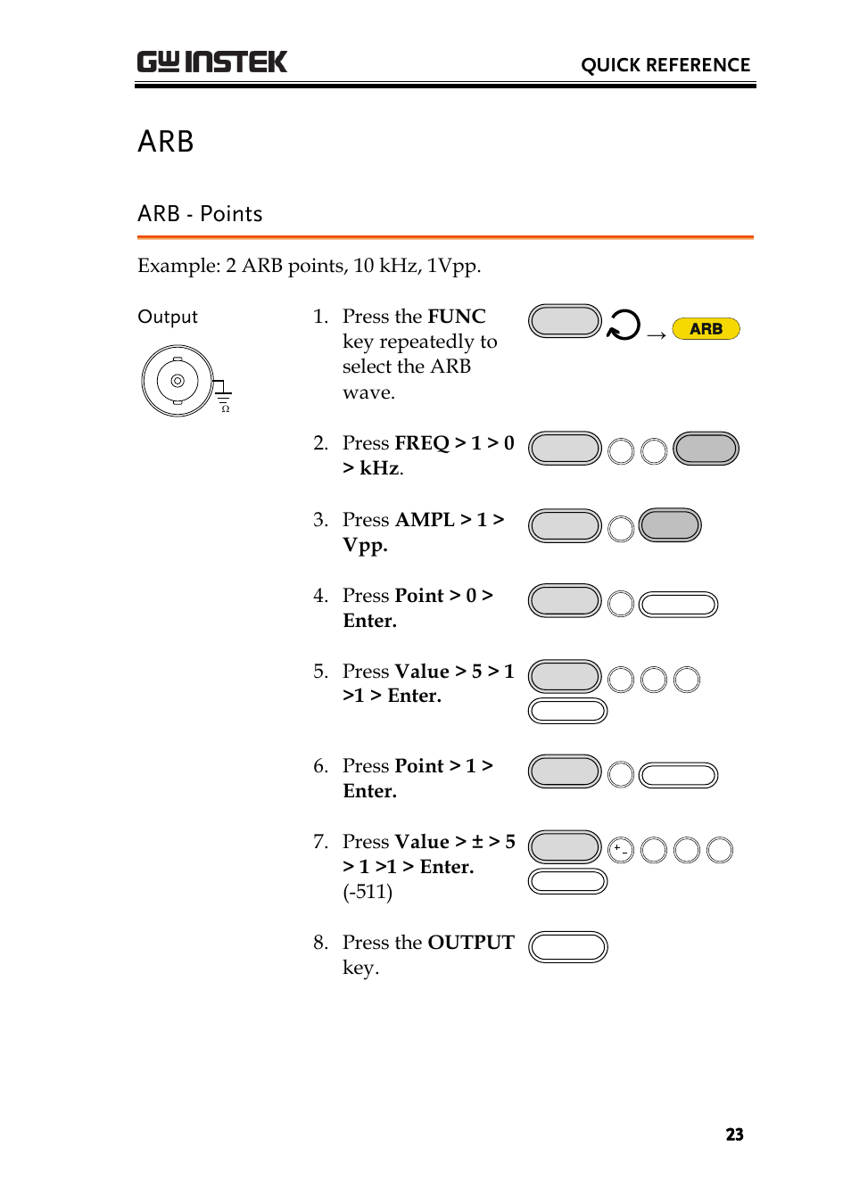 Arb - points, Quick reference, Example: 2 arb points, 10 khz, 1vpp. output | Press freq > 1 > 0 > khz, Press ampl > 1 > vpp, Press point > 0 > enter, Press value > 5 > 1 >1 > enter, Press point > 1 > enter, Press the output key | GW Instek AFG-2000 User Manual User Manual | Page 25 / 145