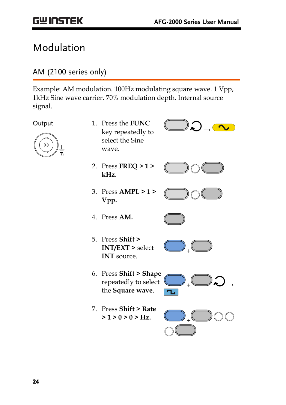 Modulation, Am (2100 series only), Afg-2000 series user manual | Press freq > 1 > khz, Press ampl > 1 > vpp, Press am, Press shift > int/ext > select int source, Press shift > rate > 1 > 0 > 0 > hz | GW Instek AFG-2000 User Manual User Manual | Page 26 / 145