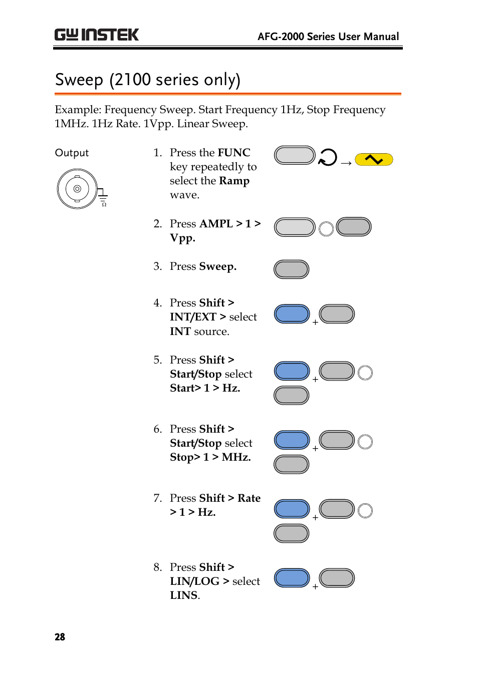 Sweep (2100 series only), Afg-2000 series user manual, Press ampl > 1 > vpp | Press sweep, Press shift > int/ext > select int source, Press shift > start/stop select start> 1 > hz, Press shift > start/stop select stop> 1 > mhz, Press shift > rate > 1 > hz, Press shift > lin/log > select lins | GW Instek AFG-2000 User Manual User Manual | Page 30 / 145