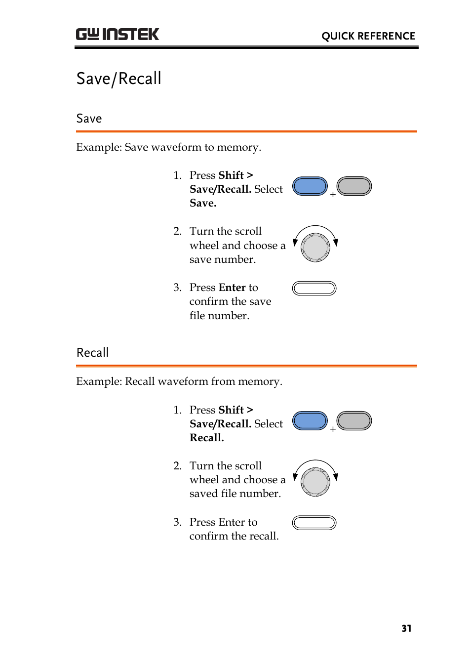 Save/recall, Save, Recall | GW Instek AFG-2000 User Manual User Manual | Page 33 / 145