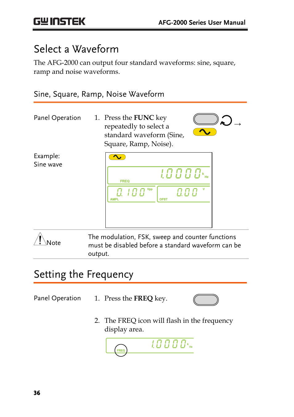 Select a waveform, Sine, square, ramp, noise waveform, Setting the frequency | GW Instek AFG-2000 User Manual User Manual | Page 38 / 145