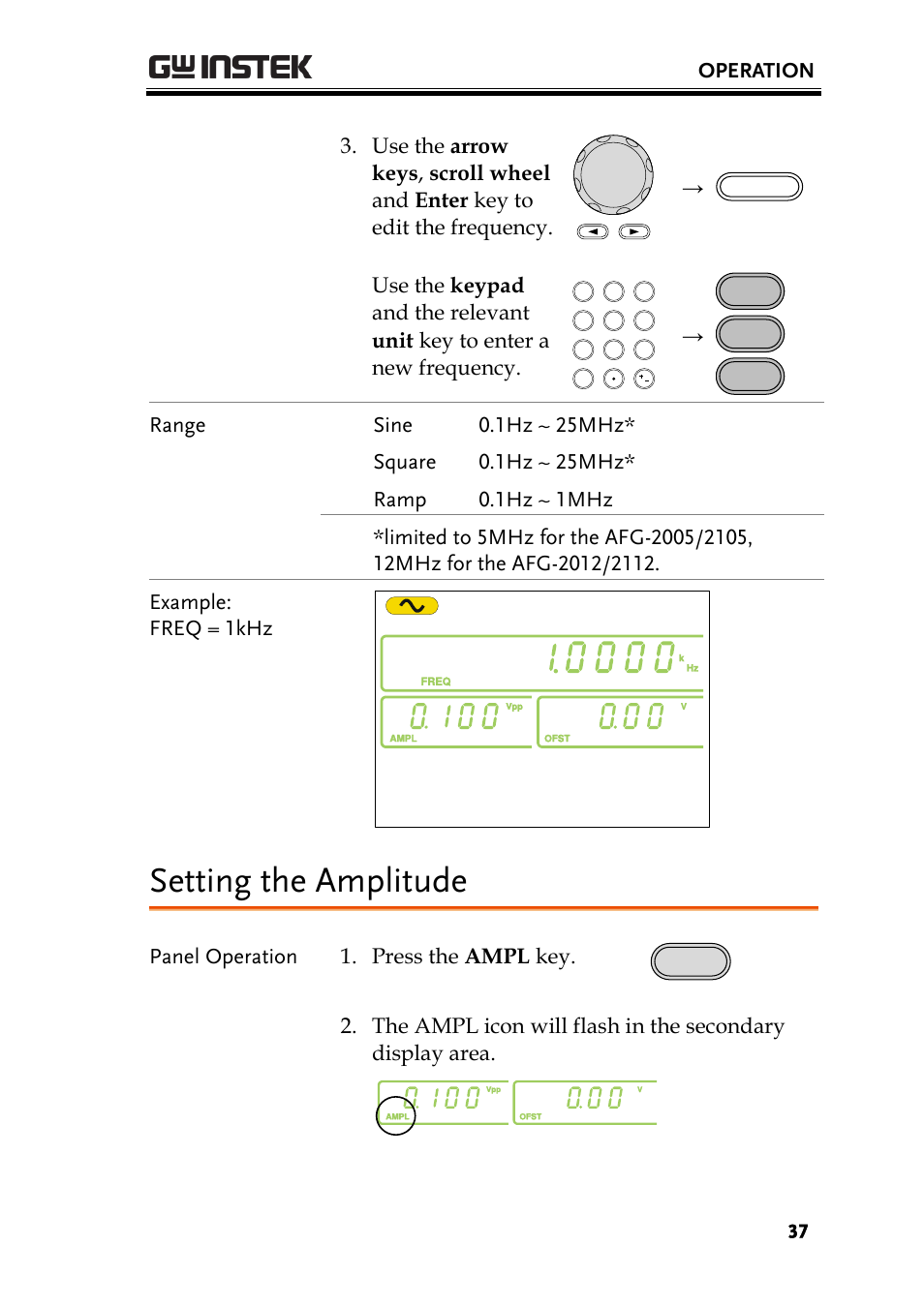 Setting the amplitude, Operation, Panel operation 1. press the ampl key | GW Instek AFG-2000 User Manual User Manual | Page 39 / 145