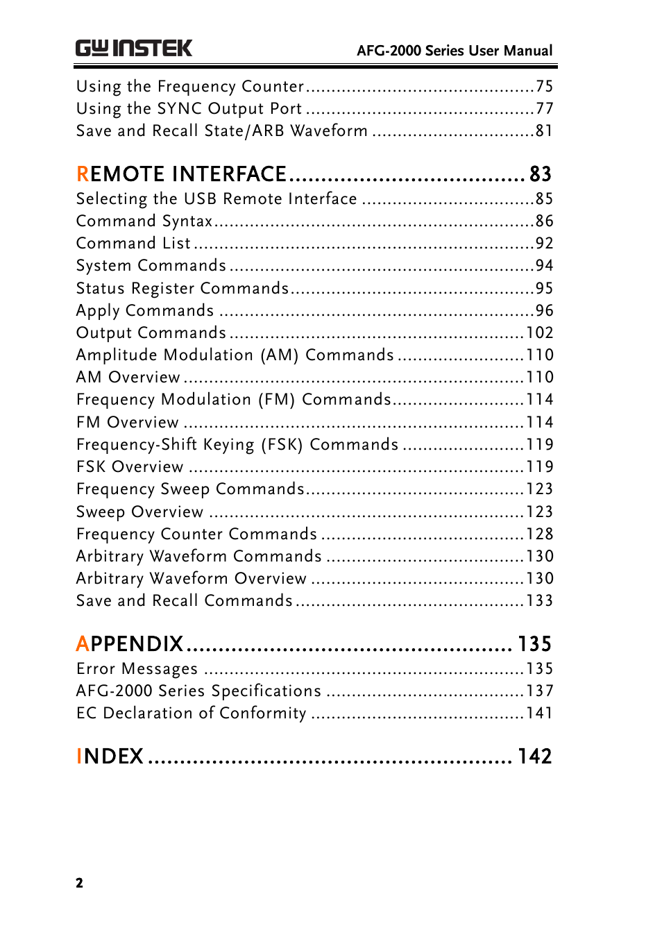 Remote interface, Appendix, Index | GW Instek AFG-2000 User Manual User Manual | Page 4 / 145