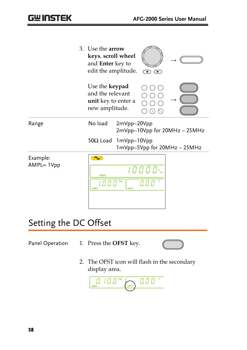 Setting the dc offset, Afg-2000 series user manual, Panel operation 1. press the ofst key | GW Instek AFG-2000 User Manual User Manual | Page 40 / 145